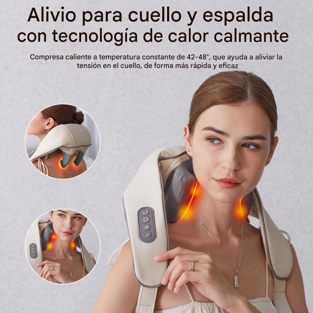 Mujer usando masajeador de cuello y espalda con calor infrarrojo