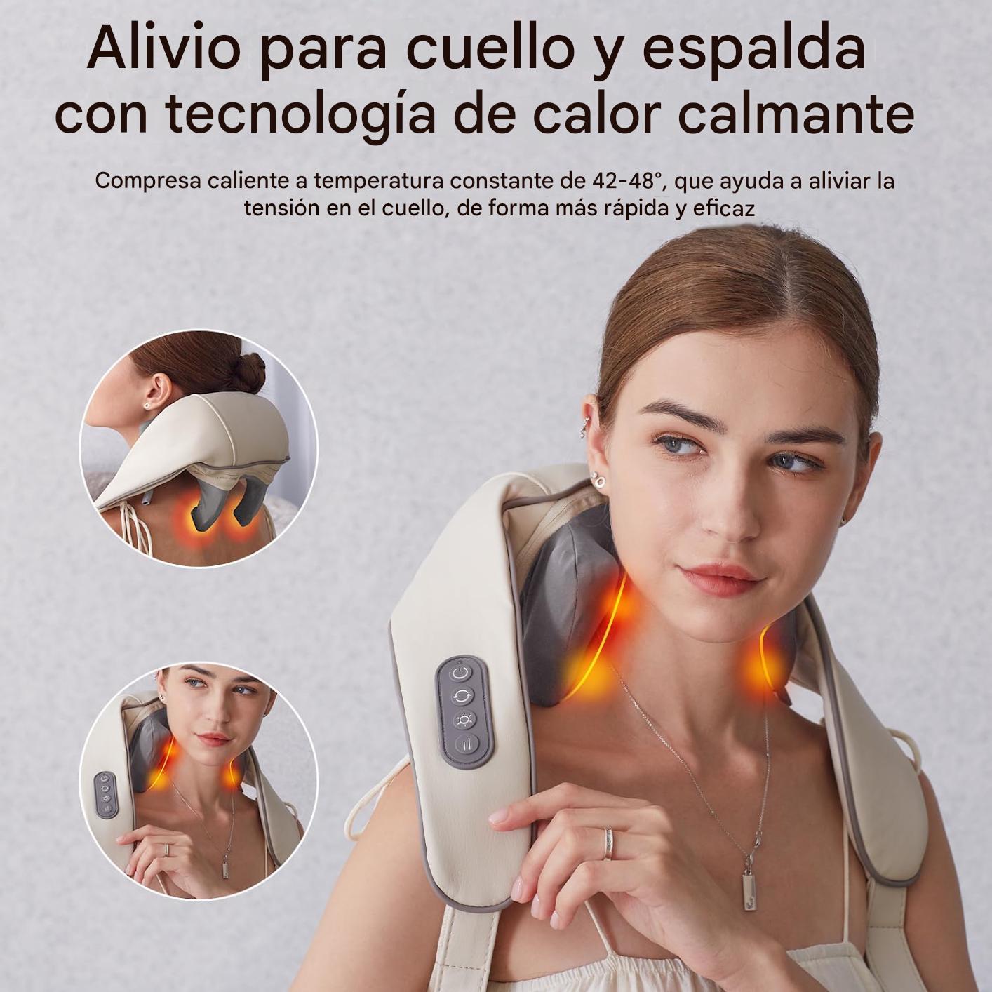 Mujer usando masajeador de cuello y espalda con calor infrarrojo